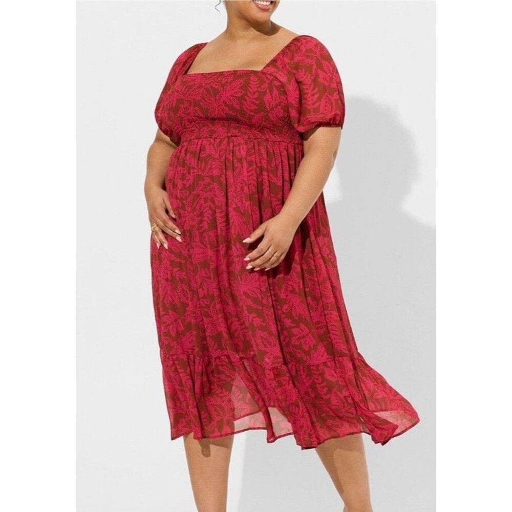 Torrid Midi Dress 1X Smocked Square Neck Chiffon Wedding Guest Flowy Pink Modest